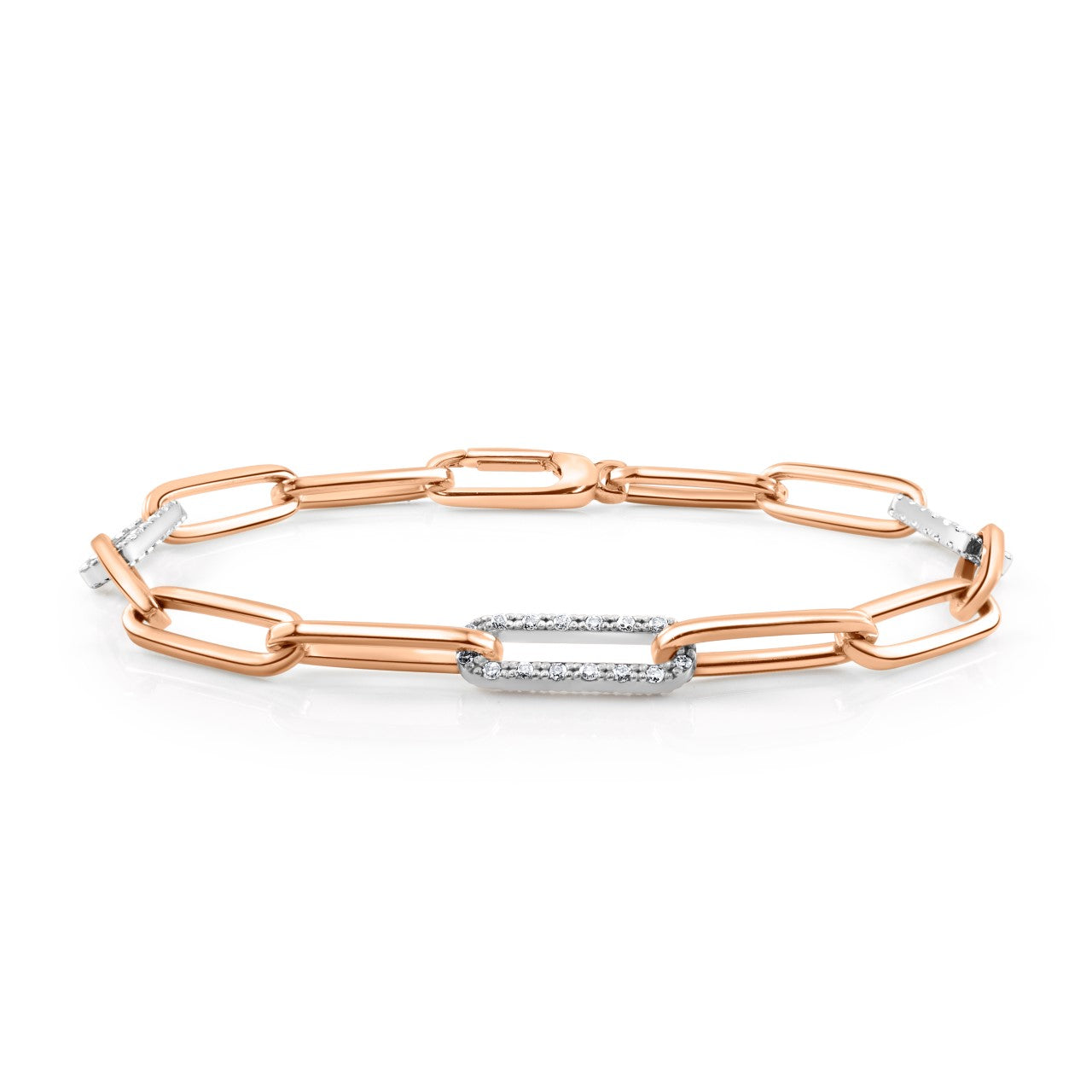 Paper Clip Bracelet - 14K Rose Gold with 3 Diamond-Studded Links | The Jewelry Addict