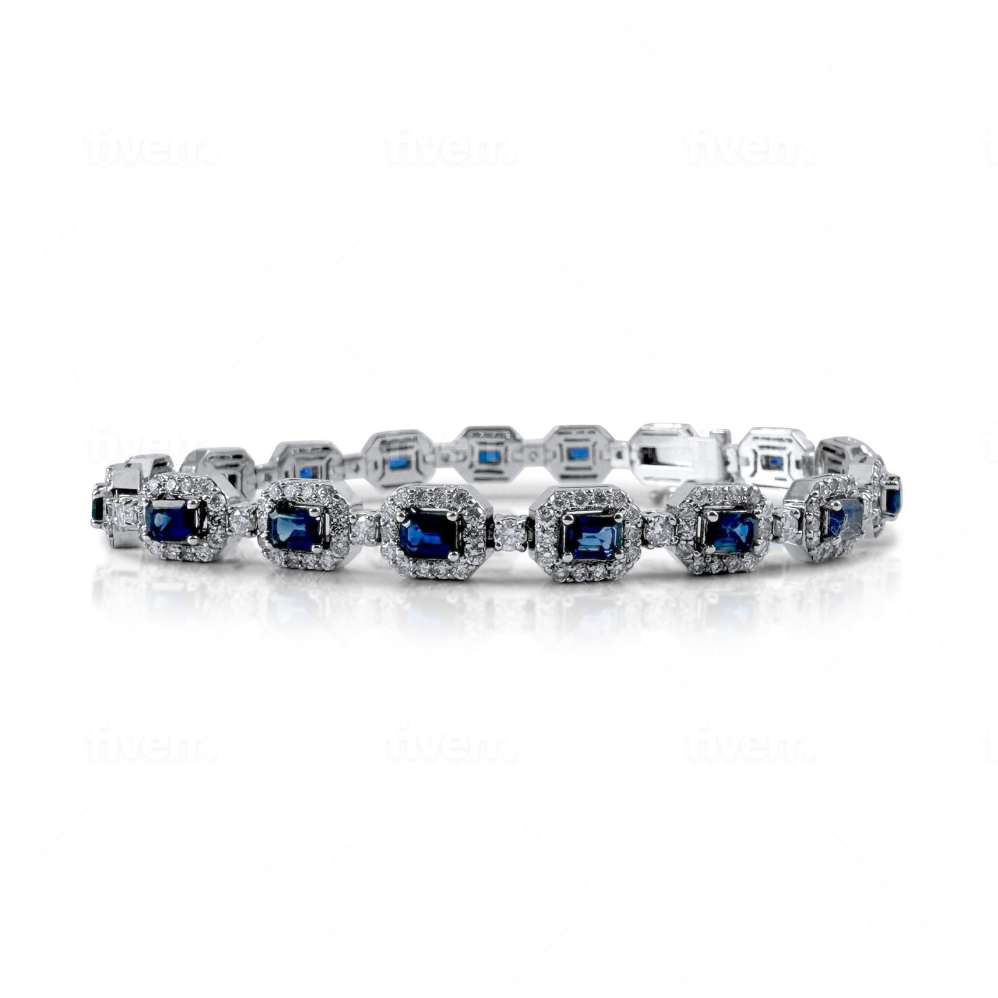 Sapphire Emerald Cut Diamond Halo Bracelet - 18K White Gold with 7.50ct Gems, 7"