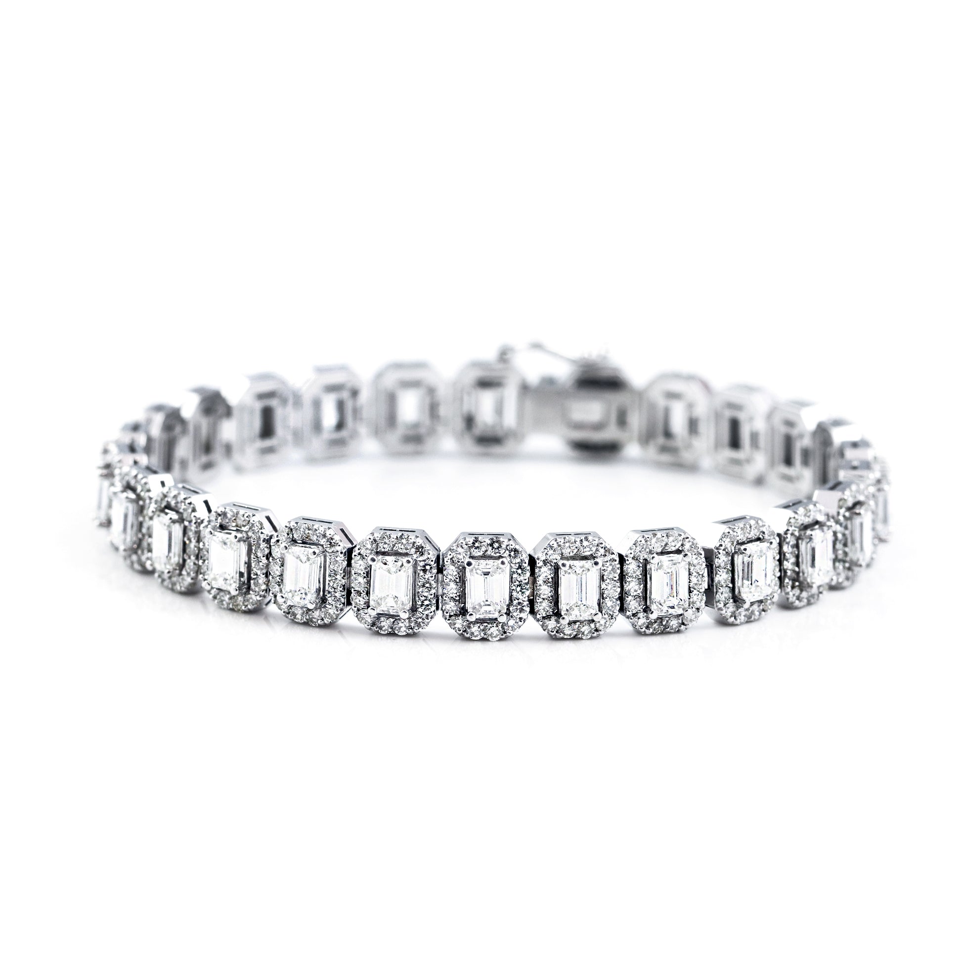 Close up of Emerald Cut Diamond Halo Bracelet - 8ct in 14K White Gold by TJA